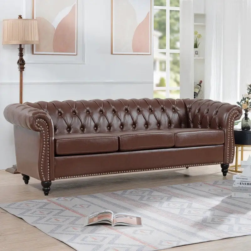 Divano Chesterfield a 3 posti con braccioli arrotolati in PU da 84,65".