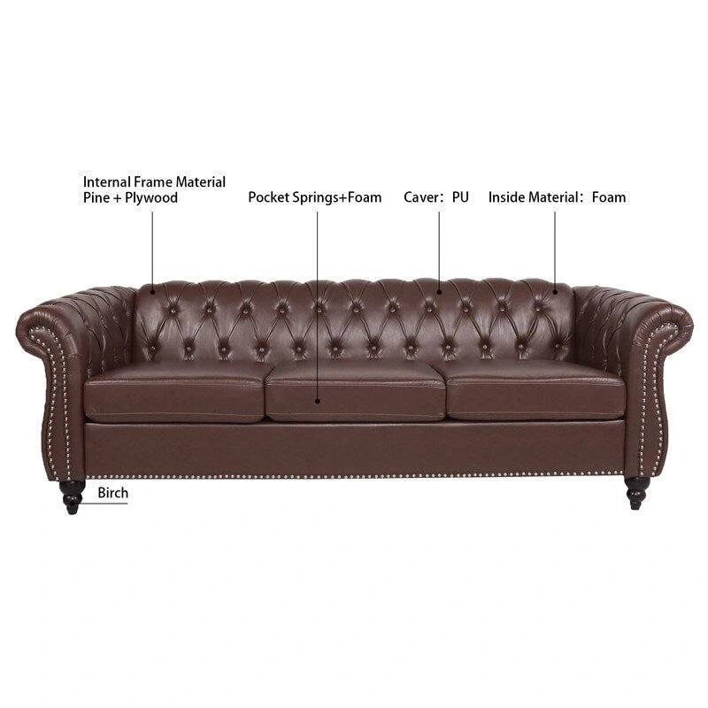 Divano Chesterfield a 3 posti con braccioli arrotolati in PU da 84,65".