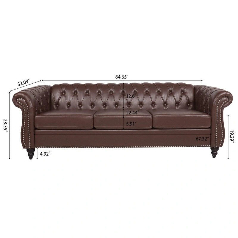 Divano Chesterfield a 3 posti con braccioli arrotolati in PU da 84,65".