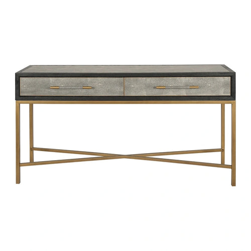 Art Deco Solid Oak Console Table with Brass Legs and Shagreen-Patterned Top, 150 × 40.6 × 82 cm – product view