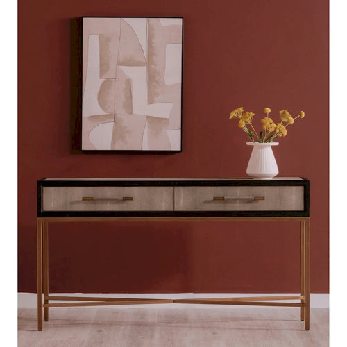Art Deco Solid Oak Console Table with Brass Legs and Shagreen-Patterned Top, 150 × 40.6 × 82 cm – product view