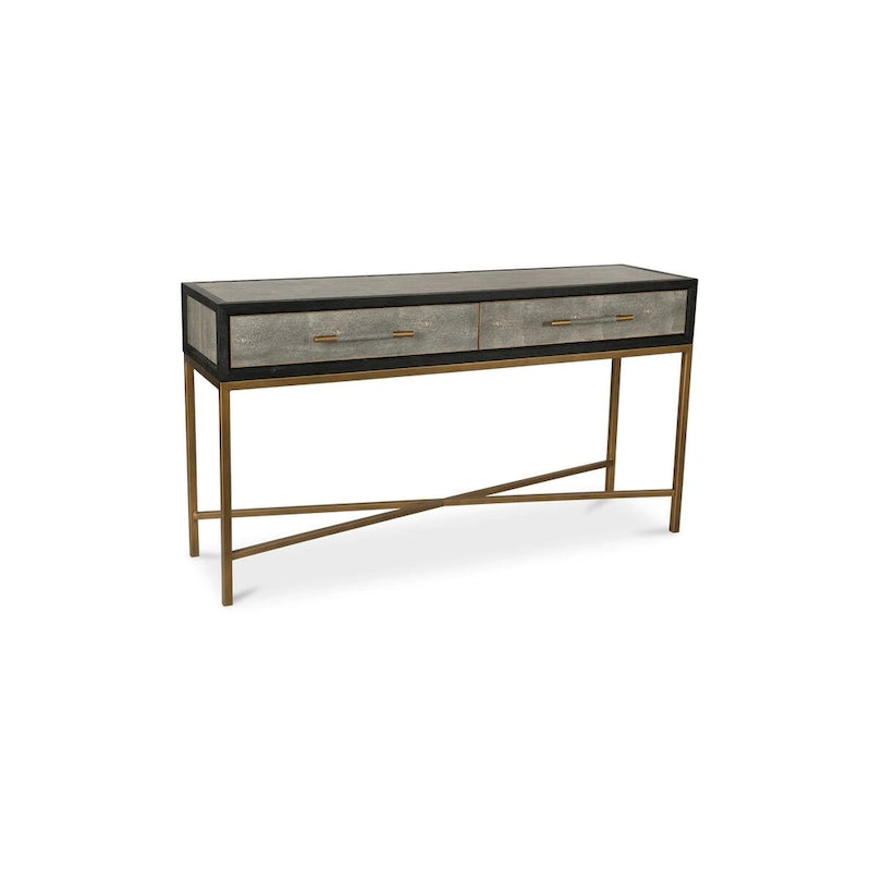 Consolle Art Déco in rovere massello con gambe in ottone e piano in pelle di squalo, larghezza 59