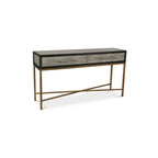 Consolle Art Déco in rovere massello con gambe in ottone e piano in pelle di squalo, larghezza 59