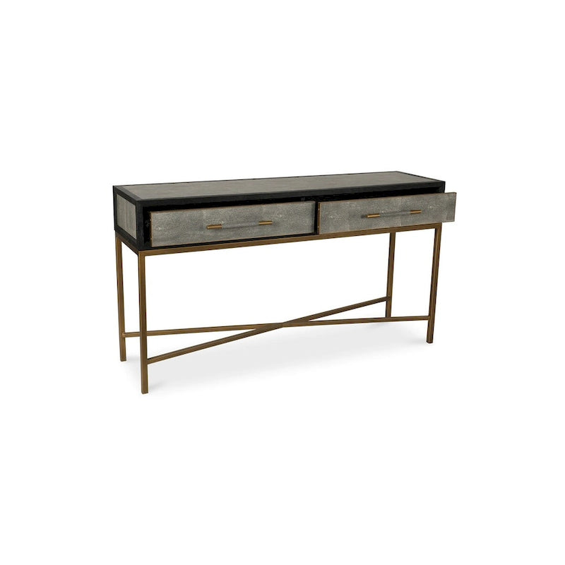 Consolle Art Déco in rovere massello con gambe in ottone e piano in pelle di squalo, larghezza 59