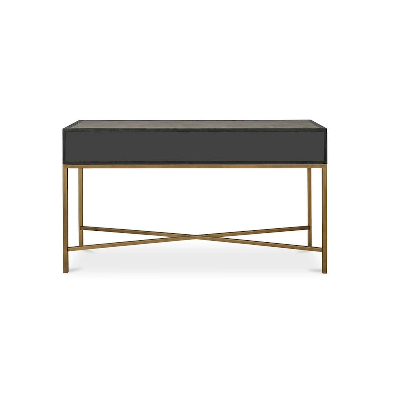 Consolle Art Déco in rovere massello con gambe in ottone e piano in pelle di squalo, larghezza 59