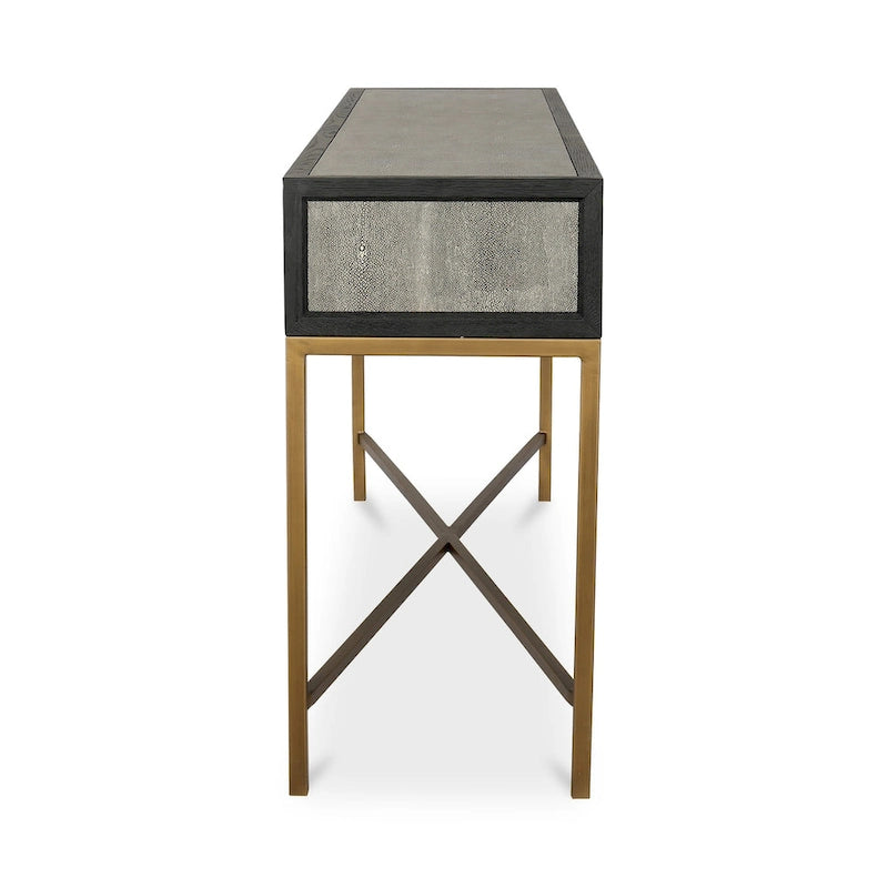 Consolle Art Déco in rovere massello con gambe in ottone e piano in pelle di squalo, larghezza 59