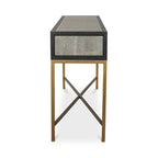 Consolle Art Déco in rovere massello con gambe in ottone e piano in pelle di squalo, larghezza 59