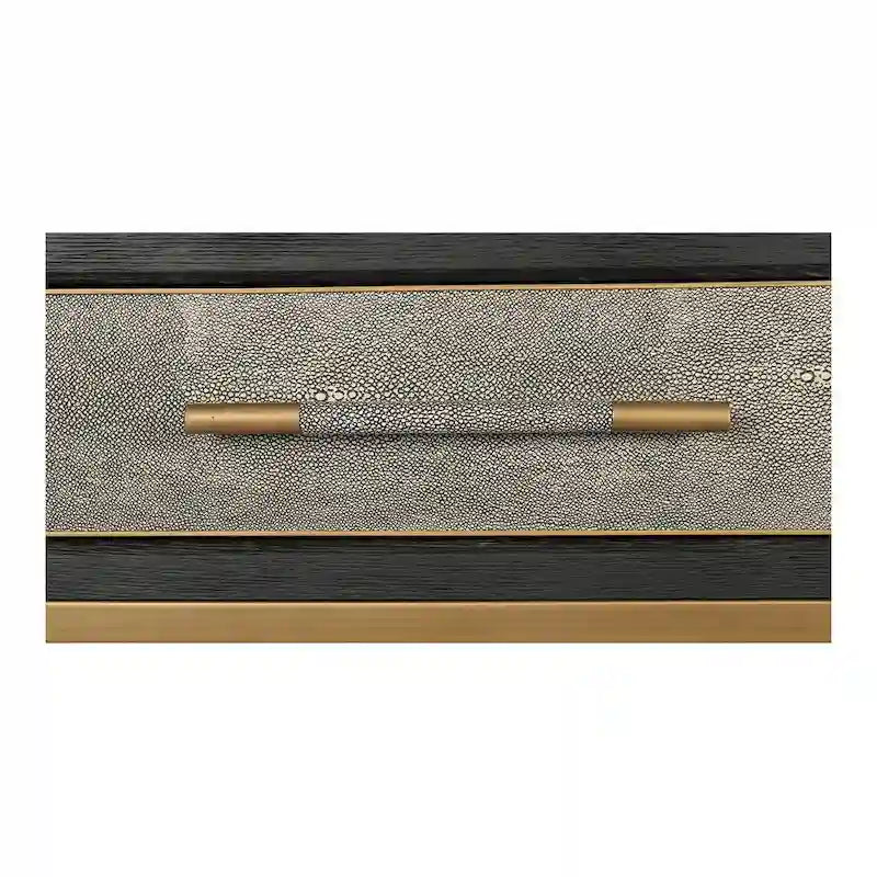Consolle Art Déco in rovere massello con gambe in ottone e piano in pelle di squalo, larghezza 59