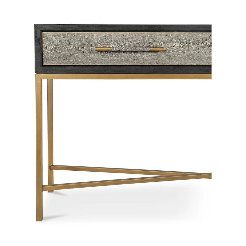Consolle Art Déco in rovere massello con gambe in ottone e piano in pelle di squalo, larghezza 59