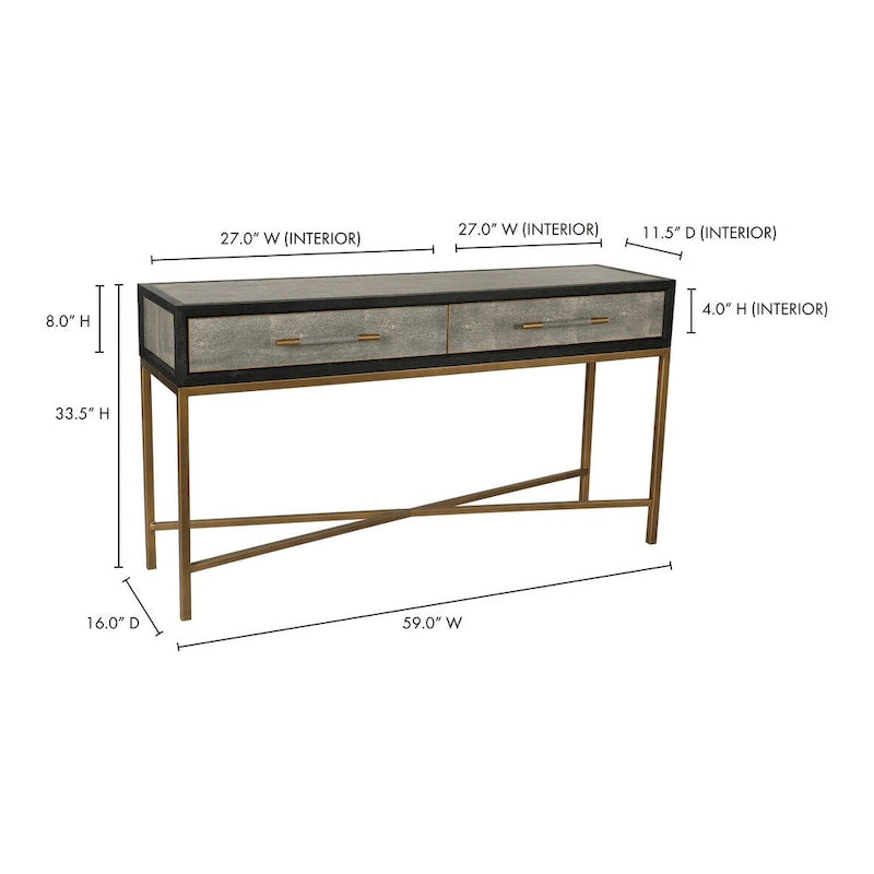 Consolle Art Déco in rovere massello con gambe in ottone e piano in pelle di squalo, larghezza 59