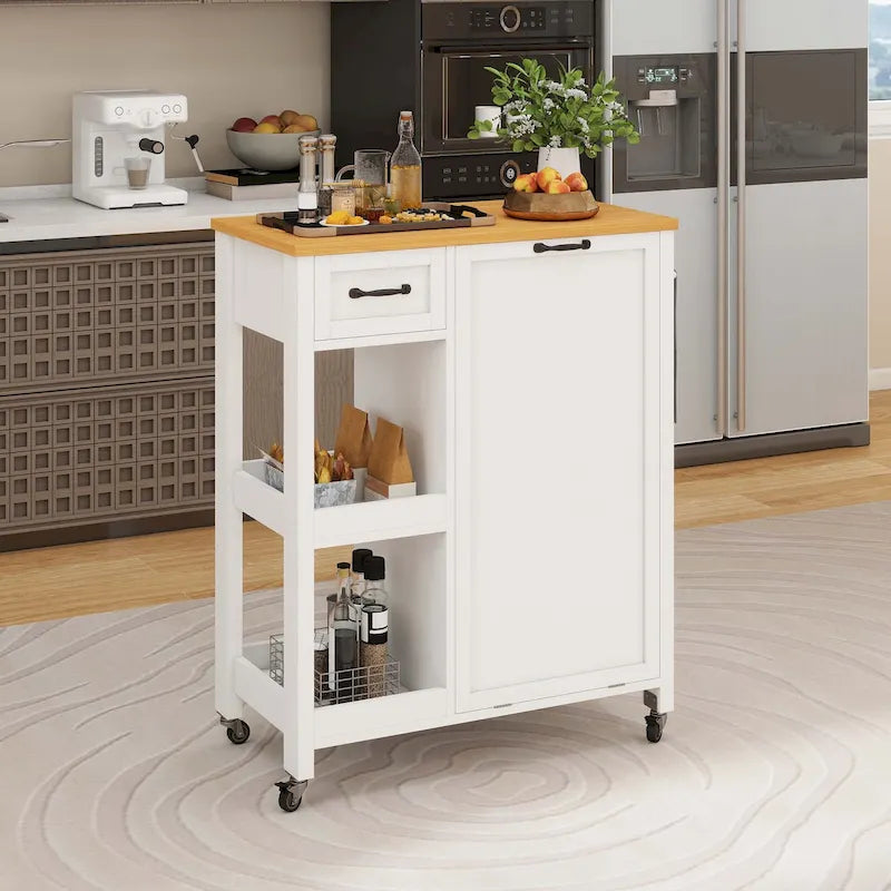Carrello da cucina con isola su ruote e armadio per bidone della spazzatura