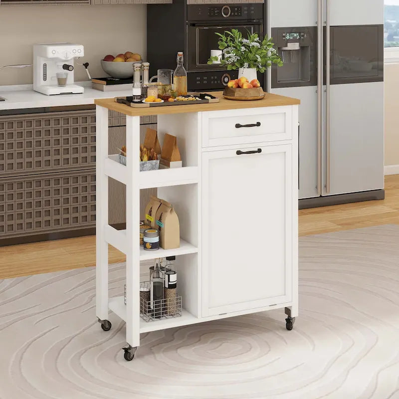 Carrello da cucina con isola su ruote e armadio per bidone della spazzatura